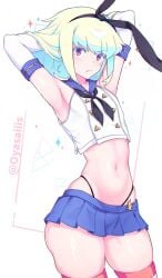 1boy androgynous arms_behind_head blush color cosplay crop_top crossdressing embarrassed femboy femboy_only lio_fotia male male_only midriff miniskirt nervous oyasaiiis promare skirt slim slim_waist solo stockings thick_thighs thighhighs thong