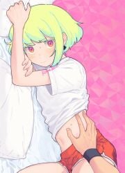 2boys androgynous blush bob_cut embarrassed femboy femboy_focus flustered fully_clothed galo_thymos groping lio_fotia male nervous nervous_smile on_bed petite petite_body petite_male pov promare short_hair shorts slim slim_male slim_waist solo_focus sweat sweatdrop touching touching_partner twink yaoi
