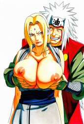 1boy 1girls ai_generated annoyed annoyed_expression barely_clothed big_breasts blonde_hair breasts breasts_out brown_eyes busty female female_focus forehead_mark front_view grabbing grabbing_from_behind groping groping_breasts huge_breasts jiraiya kimono large_ass lipstick looking_at_another looking_at_partner male manga_style mature_woman mostly_nude mr._elmo naruto naruto_(series) naruto_shippuden one_breast_out open_clothes partially_clothed pervert pervert_male sagging_breasts sleeveless thighs tsunade twintails uncensored undressing upper_body voluptuous voluptuous_female white_hair