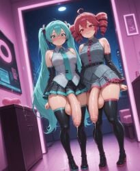 2futa 2futas ai_art ai_generated balls ballsack bare_shoulders blue_eyes blue_hair busty civitai cock cum_drip cum_string curvy curvy_figure detached_sleeves dickgirl dickgirl_focus drill_hair foreskin from_below full_body fully_clothed futa_focus futa_on_futa futa_only futa_with_futa futanari hair_between_eyes hatsune_miku heavy_blush hi_res high_quality high_resolution highres huge_cock kasane_teto looking_at_viewer looking_down low-angle_view miku_hatsune necktie nervous nervous_smile nervous_sweat outfit patreon penis penis_out plump_lips precum precum_drip precum_string red_eyes red_hair self_upload sidelocks skirt stable_diffusion standing teto thigh_boots thighs tie twintails uncensored uncircumcised uncut upscaled viewed_from_below voluptuous voluptuous_futa vtuber yuckle