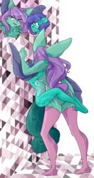 against_wall anthro bat breasts clothing duo eyewear female hair hi_res leg_hug leg_wrap legwear long_hair mammal misash purple_hair rodent squirrel stockings thigh_highs yuri