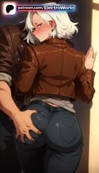 1girls 2026 ai_generated artist_name ass ass_grab blush brown_jacket capcom denim earrings electroworld female grace_ashcroft groping hi_res high_quality high_resolution highres jacket jewelry military_uniform patreon patreon_username resident_evil resident_evil_9:_requiem saunders_military_uniform short_hair stable_diffusion watermark white_hair