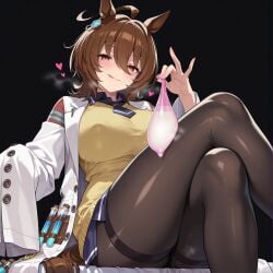 agnes_tachyon_(umamusume) ahoge ai_assisted ai_generated animal_ears brown_hair child_bearing_hips covered_nipples crossed_legs heart holding_condom holding_used_condom horse_ears horse_girl horse_tail huge_ass huge_breasts kao140522 labcoat licking_lips long_sleeves looking_at_viewer pantyhose pussy_juice red_eyes sweater test_tube umamusume umamusume_pretty_derby used_condom wide_hips yellow_sweater