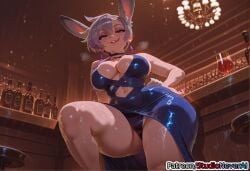 ai_generated alcohol animal_ears bar_(place) blue_dress bottle breasts choker cup disney dress drinking_glass earrings female female_only from_below grey_hair indoors jewelry judy_hopps large_breasts licking_lips looking_at_viewer meitabuu navel panties purple_eyes rabbit_ears rabbit_girl short_hair smile solo stool sweat tail thick_thighs thighs tongue tongue_out underwear wine_bottle wine_glass zootopia
