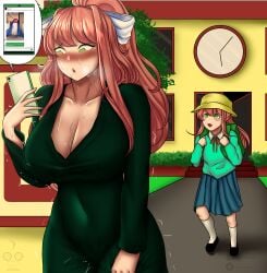 anon blush blushing_female breasts brown_hair daughter doki_doki_literature_club father female female_focus green_eyes horny_female lipstick long_hair monika_(doki_doki_literature_club) mother mother_and_daughter penis ponytail ribbon smartphone tagme