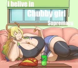 1girls bbw black_shirt canon_breast_size chips_(food) chubby chubby_female chubby_girl closed_eyes couch curvaceous curvaceous_female curvaceous_figure curves curvy curvy_female curvy_figure curvy_hips double_chin dragon_horns dragon_maid eating eating_food english_text fair-skinned_female fair-skinned_female_body fair_skinned_female fat fat_female food_on_body food_on_breasts food_on_face full_body fully_clothed hi_res highres humanoid jpg kobayashi-san_chi_no_maidragon lucoa lucoa_(maidragon) lying lying_on_couch lying_on_side miss_kobayashi's_dragon_maid multicolored_hair overweight_female plus_size quetzalcoatl_(dragon_maid) shirt solo solo_female solo_focus text thick thick_legs thick_thighs twitter_link voluptuous voluptuous_body voluptuous_female weight_gain weight_gain_female whatyoudeserved