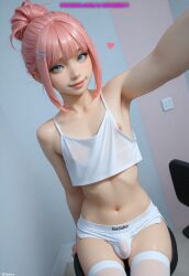 1boy ai_generated balls bulge femboy meybekity nipples otoko_no_ko panties penis trap yaoi
