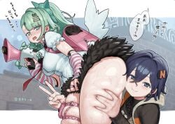 2girls alternate_breast_size_(larger) arm_warmers ass backpack bag belle_(zenless_zone_zero) black_skirt blue_eyes blue_hair blunt_bangs blush breasts choker collared_shirt commentary_request detached_sleeves dripping earrings green_eyes green_hair hair_ornament hairclip highres hood hoodie jewelry letter_hair_ornament long_hair looking_at_viewer maruko_tooto medium_breasts megaphone miniskirt multiple_girls musical_note_earrings necktie open_mouth shirt short_hair short_sleeves side_ponytail skindentation skirt speech_bubble striped_arm_warmers sunna_(zenless_zone_zero) thick_thighs thigh_strap thighs translation_request v wet white_shirt winged_bag wings yuri zenless_zone_zero