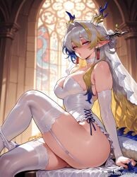 ai_generated arknights balecxi bare_shoulders blonde_hair blue_eyes blue_hair bridal_gauntlets dragon_girl dragon_horns dragon_tail dress earrings female garter_straps jewelry large_breasts long_hair looking_at_viewer multicolored_hair pointy_ears shu_(arknights) sitting solo strapless thighs underwear white_choker white_panties white_thighhighs