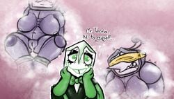 2d_(artwork) battat_(deltarune) big_breasts blindfold bondage bow_tie breasts deltarune deltarune_chapter_3 dialogue digital_drawing_(artwork) digital_media_(artwork) drooling dubious_consent duct_tape facial_crest fantasizing fantasy fat freckles green_eyes leaking_pussy mrfreakything_(artist) object_head pink_background poncho pussy pussy_juice pussy_juice_drip rule_63 shaded sharp_teeth simple_background sketch sweat tenna_(deltarune) tie trembling tv_head yandere