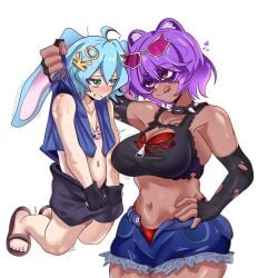 1girls blue_hair blue_vest bra_visible_through_clothes bunny_beniko cute cyan_hair dark-skinned_female dark_skin denim_shorts embarrassed embarrassed_expression gradient_hair green_hair hair_ornament hair_pin heart-shaped_pupils heart_symbol hearts_around_head holding_partner jean_shorts leopard_print lifting_clothing lifting_person light_blue_hair light_skin light_skinned mii_das motion_lines necklace no_nude no_nudity no_sex pink_neckwear purple_hair red_bra red_glasses red_panties red_sunglasses rox_ruckus safe safe_for_work sandals sfw shirtless shirtless_male short_hair shorts size_difference smaller_male spiked_collar spikes sweat tan_body tan_skin tan_skinned_female tongue_out torn_clothes unbuttoned unbuttoned_pants unbuttoned_shorts vest yellow_hair_ornament zipper