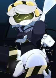 1boy 1girls enjoying grey_hair lawgx licking_pussy murder_drones offscreen_male pulling_tail sex thick_thighs v_(murder_drones) worker_drone yellow_eyes