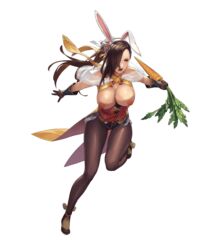 animal_ears areolae breasts breasts_out brown_eyes brown_hair bunny_ears carrot cleavage cuboon edit edited_official_artwork fake_animal_ears female fire_emblem fire_emblem_fates fire_emblem_heroes fire_emblem_if full_body gloves hair_over_one_eye highres holding kagero_(fire_emblem) kagero_(spring)_(fire_emblem) large_breasts long_hair nintendo nipples official_art open_mouth pantyhose solo thigh_gap transparent_background