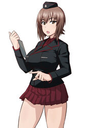 blush breasts brown_eyes brown_hair female girls_und_panzer kuromorimine_school_uniform large_breasts nishizumi_maho school_uniform skirt solo