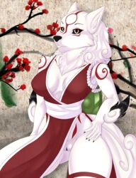 amaterasu anthro breasts canine capcom cosplay deity female fur furry king_of_fighters mai_shiranui mai_shiranui_(cosplay) mammal markings okami pussy red_markings skylosminkan solo white_fur wolf yellow_eyes