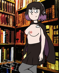 big_breasts breasts goth_girl hilda_(series) kaisa_(hilda) librarian library netflix nipples padoga purple_hair purple_highlights teen