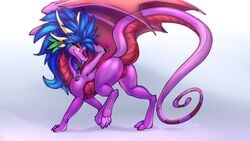 2018 blue_hair blue_tongue claws dragon female feral hair membranous_wings oksara pussy scalie simple_background solo standing western_dragon wings yellow_eyes