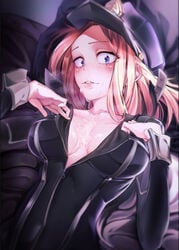 1girls after_sex bed blush bodysuit camie_utsushimi catsuit cleavage cum cum_in_cleavage cum_on_body cum_on_breasts heavy_breathing holding_breasts kid_(artist) my_hero_academia peaked_cap purple_eyes short_hair solo unzipped wrist_cuffs yellow_hair zipper zipper_pull_tab