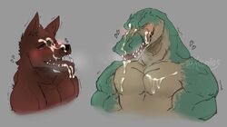 2019 anthro biceps canid canine crocodile crocodilian cum cum_on_chest cum_on_face cum_on_tongue fangs fur heart incest league_of_legends licking_cum male mammal muscular muscular_male nasus open_mouth pecs renekton reptile riot_games scalie simple_background sketch smile tongue video_games xeoniios yaoi