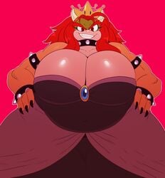 1girls anthro biceps big_breasts bowser bowsette bowsette_(cosplay) breasts clothing dragon_girl dress female female_bowser genderswap grin huge_breasts mario_(series) muscles muscular_female new_super_mario_bros._u_deluxe nintendo red_hair scalie sharp_teeth smile solo solo_female sssonic2 thick_thighs