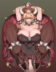 blonde_hair blue_eyes bowsette breasts female female_only genderswap hiki_togu huge_breasts mario_(series) muscles muscular muscular_female new_super_mario_bros._u_deluxe nintendo pantyhose solo spread_legs