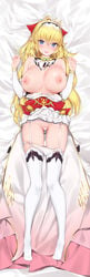 areolae ascot bangs bare_shoulders black_bow blonde_hair blue_eyes blush bow bracelet breasts censored dakimakura detached_sleeves dress elf eyebrows_visible_through_hair female from_above full_body garter_straps heart heart_censor highres jewelry large_breasts long_hair looking_at_viewer lying miniskirt necklace nipples on_back original panties panty_pull parted_lips pleated_skirt pointy_ears ponytail red_bow ring skindentation skirt skirt_lift smile solo strapless strapless_dress sweat thighhighs tiara underwear very_long_hair white_dress white_legwear white_skirt yaman zettai_ryouiki