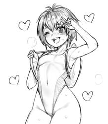 1girls armpits ass backpack bag belly black_hair blush breasts female female_only flat_chest heart human looking_at_viewer marvel marvel_comics masani_deisui monochrome navel open_mouth peni_parker see-through short_hair sketch small_breasts smile solo source_request spider-man_(series) standing sweat swimsuit v wink