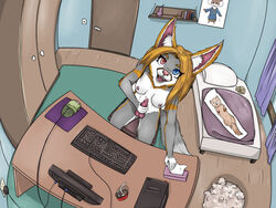 1futa 2018 anthro bed bedroom blonde_hair blue_eyes breasts breasts_apart cam canine computer computer_keyboard computer_monitor computer_mouse dakimakura_design desk dickgirl dildo enster_(artist) feline fisheye_lens fur furry futa_only futanari heterochromia hi_res high-angle_view indoors inside intersex keyboard long_hair mammal masturbation mia_(character)herm nipples open_mouth penis pointy_ears red_eyes sex_toy sharp_teeth simple_background sitting_on_chair small_breasts solo teeth tissue_box tongue webcam