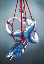 ambiguous_penetration anthro arms_behind_back ball_gag blush bondage bound breasts dildo drooling female femsub furry gag gagged gradient_background nipples no_humans object_insertion paws red_ball_gag rope saliva sergal sex_toy silvergrin simple_background suspension tail_bondage