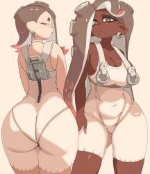 2girls ass bodysuit breast_size_difference breasts bubble_butt cleavage dark-skinned_female dark_skin earrings female huge_breasts large_ass large_breasts light-skinned_female light_skin long_hair looking_at_viewer looking_back marina_(splatoon) nintendo octoling shiver_(splatoon) small_breasts splatoon splatoon_(series) splatoon_3 splatoon_3:_side_order tentacle_hair thick_thighs wide_hips yuta_agc