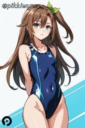 ai_generated arms_behind_back blue_one-piece_swimsuit bow breasts brown_hair competition_swimsuit covered_navel cowboy_shot female green_eyes hair_between_eyes hair_ornament hairbow highleg highleg_swimsuit if_(neptunia) long_hair looking_at_viewer neptunia_(series) one-piece_swimsuit one_side_up pikkiwynn small_breasts solo swimsuit