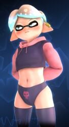 3d blush crossdressing cyan_hair earrings femboy gay glowing inkling inkling_boy midriff panties penis_bulge sfm splatoon thighhighs underboob_sweater white_hair wing_fury