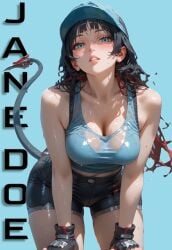 ai_generated animal_ears black_hair cameltoe cleavage enjisd gloves jane_doe_(zenless_zone_zero) long_hair medium_breasts pale_skin red_hair shorts sweat sweating tail tank_top wide_hips zenless_zone_zero