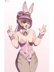 1futa au_ra balls big_breasts breasts bunnewo bunny_girl bunnysuit clothed clothing erection erection_under_clothes final_fantasy_xiv futa_only futanari horns humanoid light-skinned_futanari light_skin long_hair mostly_clothed original peace_sign penis pink_hair purple_hair red_eyes small small_breasts solo standing staring_at_viewer winking_at_viewer