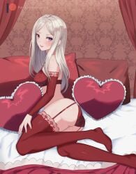 1girls ass big_ass breasts edelgard_von_hresvelg female female_only fire_emblem fire_emblem:_three_houses grey_hair heart_pillow lilshironeko lingerie looking_back nintendo on_bed panties purple_eyes red_lingerie red_panties small_breasts solo underwear