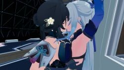 2girls 3d against_wall animated arms_above_head arms_up black_hair black_hair_bottom blue_eyes breast_press breasts brown_hair domination female female_only forced_kiss forced_yuri honkai:_star_rail jingliu_(honkai:_star_rail) kissing light_hair_on_dark_hair lluanhyperzero long_hair red_eyes ruan_mei_(honkai:_star_rail) sound tagme thigh_grab tongue video white_hair white_hair_on_black_hair white_hair_top yuri