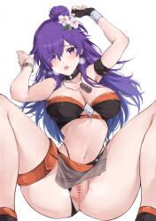 1girls :o alternate_costume armband bare_shoulders bikini black_bikini black_choker black_gloves black_swimsuit breasts choker cleavage commentary_request female female_only fingerless_gloves fire_emblem fire_emblem:_three_houses fire_emblem_heroes fire_emblem_warriors:_three_hopes flower gloves hair_bun hair_flower hair_ornament hair_over_one_eye large_breasts long_hair navel nintendo official_alternate_costume open_mouth partial_commentary purple_eyes purple_hair pussy shez_(female)_(fire_emblem) shez_(female)_(summer)_(fire_emblem) shez_(fire_emblem) simple_background single_hair_bun solo stomach swimsuit thigh_strap thighs white_background white_flower yuuri_(orz_commushows)