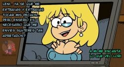 big_breasts big_nipples blonde_hair blue_eyeshadow fanart huge_breasts laptop lori_loud short_hair spanish_text text_bubble the_loud_house tight_breasts video_call watermark xsherlock420_(artist)