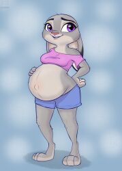 anthro anthro_female bunny_girl cop disney enjoying_pregnancy exposed_pregnant_belly female grey_fur judy_hopps pregnancy pregnant pregnant_anthro pregnant_belly pregnant_female purple_eyes purple_eyes_female rabbit_girl zootopia