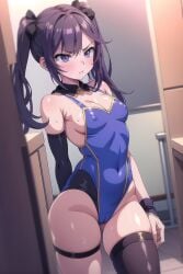 ai_generated ailucius777 black_hair blush female flat_chest genshin_impact leotard light-skinned_female mona_(genshin_impact) thick_thighs thighs tsundere twintails