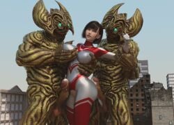 1girls 2boys 3d alien alien_girl alien_humanoid breasts building building_destruction building_sex city female female_penetrated heroine human losing losing_fight rape tight_clothing ultraman_(franchise) ultrawoman ultrawoman_katia