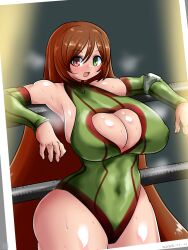 1girls brown_hair cleavage heterochromia huge_breasts itini-sanshi long_hair looking_at_viewer revealing_clothes rozen_maiden smile smiling_at_viewer standing suiseiseki sweat sweatdrop sweating sweaty_body very_long_hair wrestler wrestling_outfit wrestling_ring
