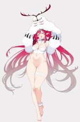 absurdres ankle_scrunchie baobhan_sith_(fate) baobhan_sith_(swimsuit_pretender)_(fate) baobhan_sith_(swimsuit_pretender)_(first_ascension)_(fate) bare_shoulders barefoot blush bottomless breasts cernunnos_(fate) character_hood cleavage cute_fang detached_collar fate/grand_order fate_(series) feet female full_body grey_eyes hands_up headwear_with_attached_mittens highres long_hair looking_at_viewer low_twintails nail_polish navel oerba_yun_fang pink_hair pointy_ears pussy red_nails scrunchie sidelocks smile solo thighs toenail_polish toenails twintails white_background white_headwear yinori