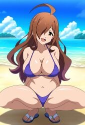 ahoge ai_generated beach bikini blue_bikini brown_hair day daytime dokidoki_ninja hair_over_one_eye hands_behind_back kono_subarashii_sekai_ni_shukufuku_wo! light-skinned light-skinned_female looking_at_viewer navel one_eye_covered open_mouth smile smiling smiling_at_viewer squatting wiz_(konosuba)