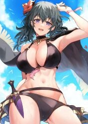 1girls alternate_costume arm_up ass_visible_through_thighs bikini black_bikini black_swimsuit blue_eyes blue_hair blue_sky breasts byleth_(female)_(fire_emblem) byleth_(female)_(summer)_(fire_emblem) byleth_(fire_emblem) byleth_(fire_emblem)_(female) cleavage cloud dagger female female_only fire_emblem fire_emblem:_three_houses fire_emblem_heroes flower hair_flower hair_ornament highres knife large_breasts nakabayashi_zun nintendo official_alternate_costume open_mouth revision sheath sheathed sky solo swimsuit weapon