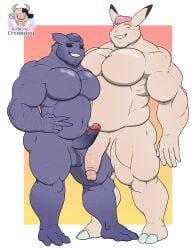 1ceberg absurd_res anthro bara barazoku big_pecs big_penis body_hair clefable duo erection generation_1_pokemon gengar genitals hi_res male male/male mammal musclegut muscular muscular_male nintendo nude pecs penis piercing pokemon pokemon_(species) slightly_chubby standing