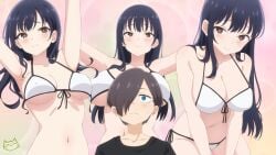 1boy 1boy1girl 1girls armpits arms_above_head arms_spread arms_up bare_arms bare_chest bare_midriff bare_shoulders bare_skin belly belly_button bikini black_hair black_hair_female blush blush blush_lines boku_no_kokoro_no_yabai_yatsu breasts breasts breasts_apart brown_eyes brown_eyes_female cleavage collarbone dot_nose embarrassed embarrassed_female embarrassed_nude_female female female_focus high_resolution highres keihh light-skinned_female light_skin long_hair looking_at_viewer medium_breasts multiple_views naked naked_female navel nipple_bulge nude nude_female pink_background shoulders simple_background slender_body slender_waist slim_girl slim_waist smile smiling smiling_at_viewer standing string_bikini student swimsuit swimwear teenager thin_waist underboob upper_body waist white_bikini white_bikini_top white_swimsuit white_swimwear yamada_anna