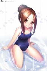 1girls bare_arms bare_legs bare_shoulders bare_skin bare_thighs barefoot belly_button black_swimsuit black_swimwear blush breasts brown_eyes brown_eyes_female brown_hair brown_hair_female collarbone covered_navel covered_nipples deviantart dot_nose feet female female_focus female_only fingers full_body groin hair_bun hairbun jurrig karakai_jouzu_no_takagi-san knees legs light-skinned_female light_skin lips long_hair looking_at_viewer m_legs navel on_floor one-piece_swimsuit parted_bangs partially_submerged partially_submerged_legs petite petite_body petite_breasts petite_female petite_girl rain raining school_swimsuit shoulders sidelocks simple_background sitting sitting_on_floor sitting_on_knees slender_body slender_waist slim_girl slim_waist small_breasts smile smiling smiling_at_viewer solo student swimsuit swimwear takagi-san teenager thighs thin_waist water watermark website wet white_background