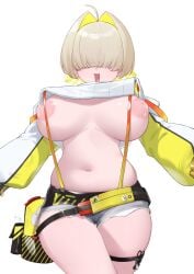 :d absurdres ahoge blonde_hair breasts breasts_apart breasts_out cowboy_shot denim_shorts dongye1551 elegg_(nikke) exposed_pocket female goddess_of_victory:_nikke hair_intakes hair_over_eyes highres inverted_nipples lactation large_breasts long_bangs long_sleeves multicolored_hair navel open_mouth plump short_shorts shorts simple_background solo suspender_shorts suspenders thick_thighs thigh_strap thighs two-tone_hair white_background