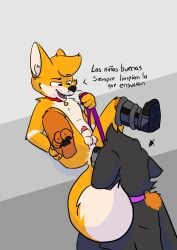 absurd_res anatomically_correct anthro boots bound canid canine canis chris_(raposanaranja) clothing collar dominant dominant_male duo footwear fox genitals hi_res humiliation leash leash_pull leashed_male male male/male mammal penis power_bottom raposanaranja red_penis simple_background spanish_text submissive submissive_male text wolf